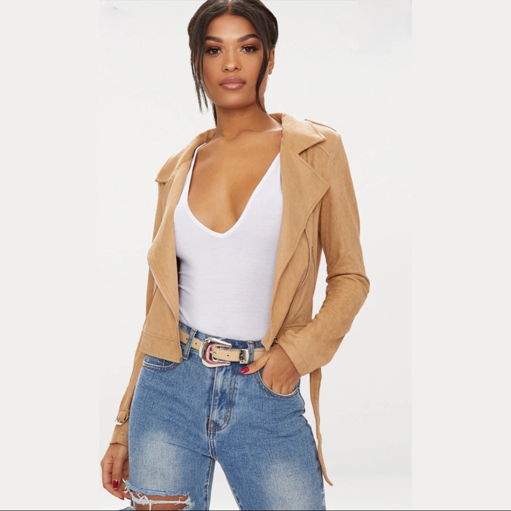 NWT PRETTYLITTLETHINGS CAMEL FAUX LEATHER SUEDE BIKER JACKET Sz XS - Picture 10 of 14